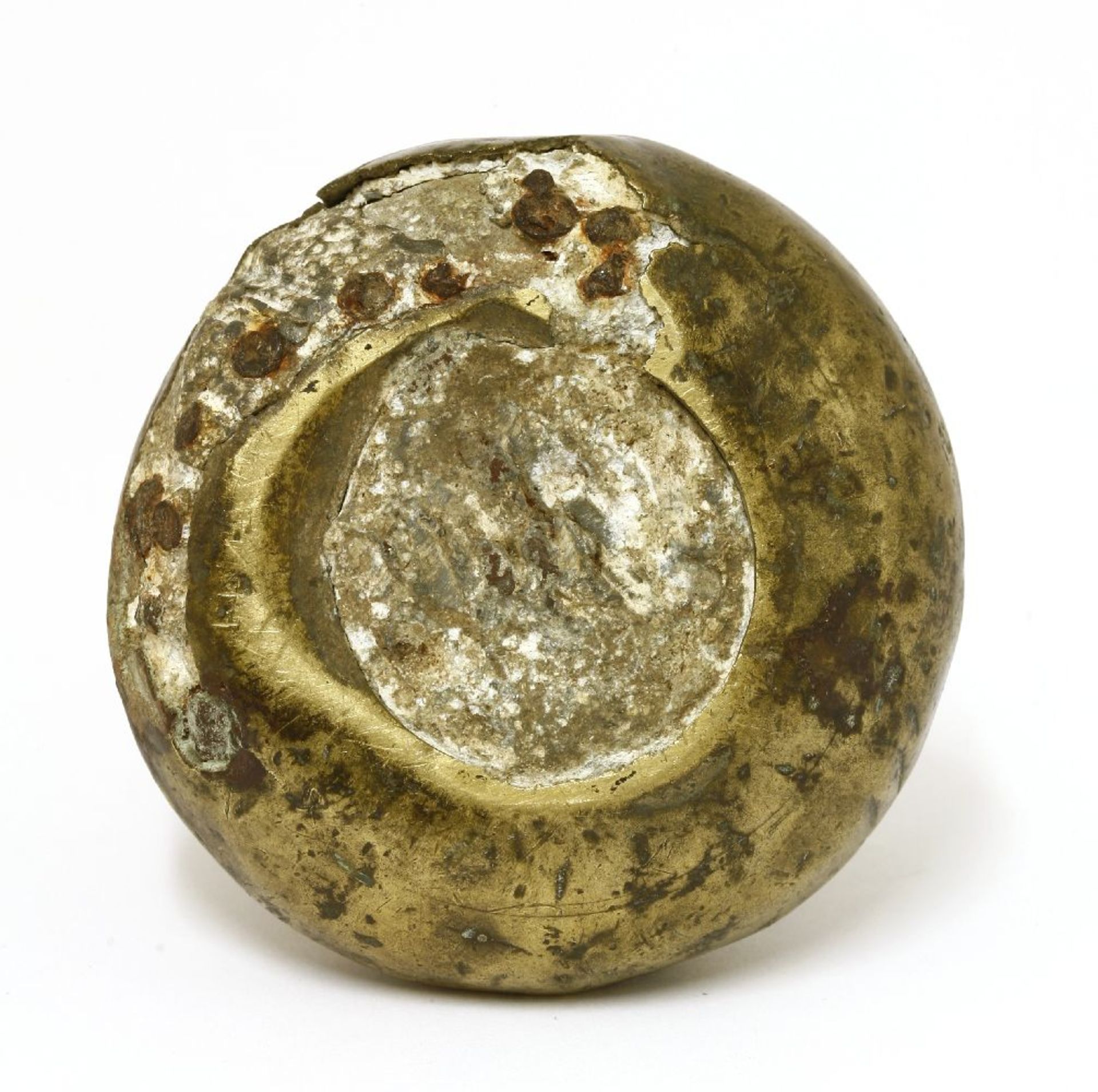 A brass cased wool weight,possibly 16th century, with an iron loop over a ring-turned body,11cm - Image 3 of 3