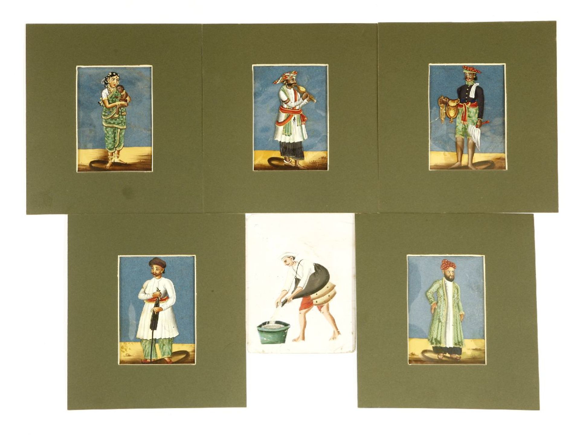 Six Indian paintings on mica,19th century, depicting various occupations including: a nanny with