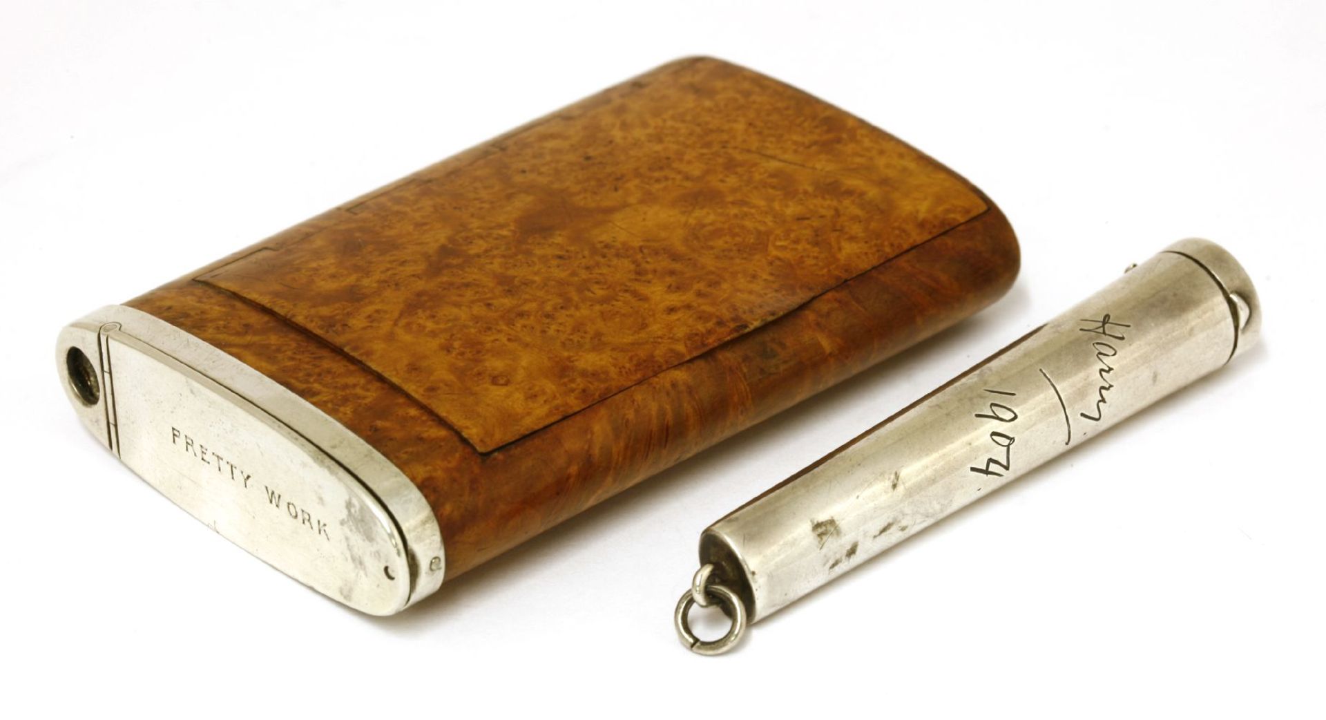 An Edwardian silver-mounted birch combination cigarette/vesta case,London, 1904,inscribed 'Pretty