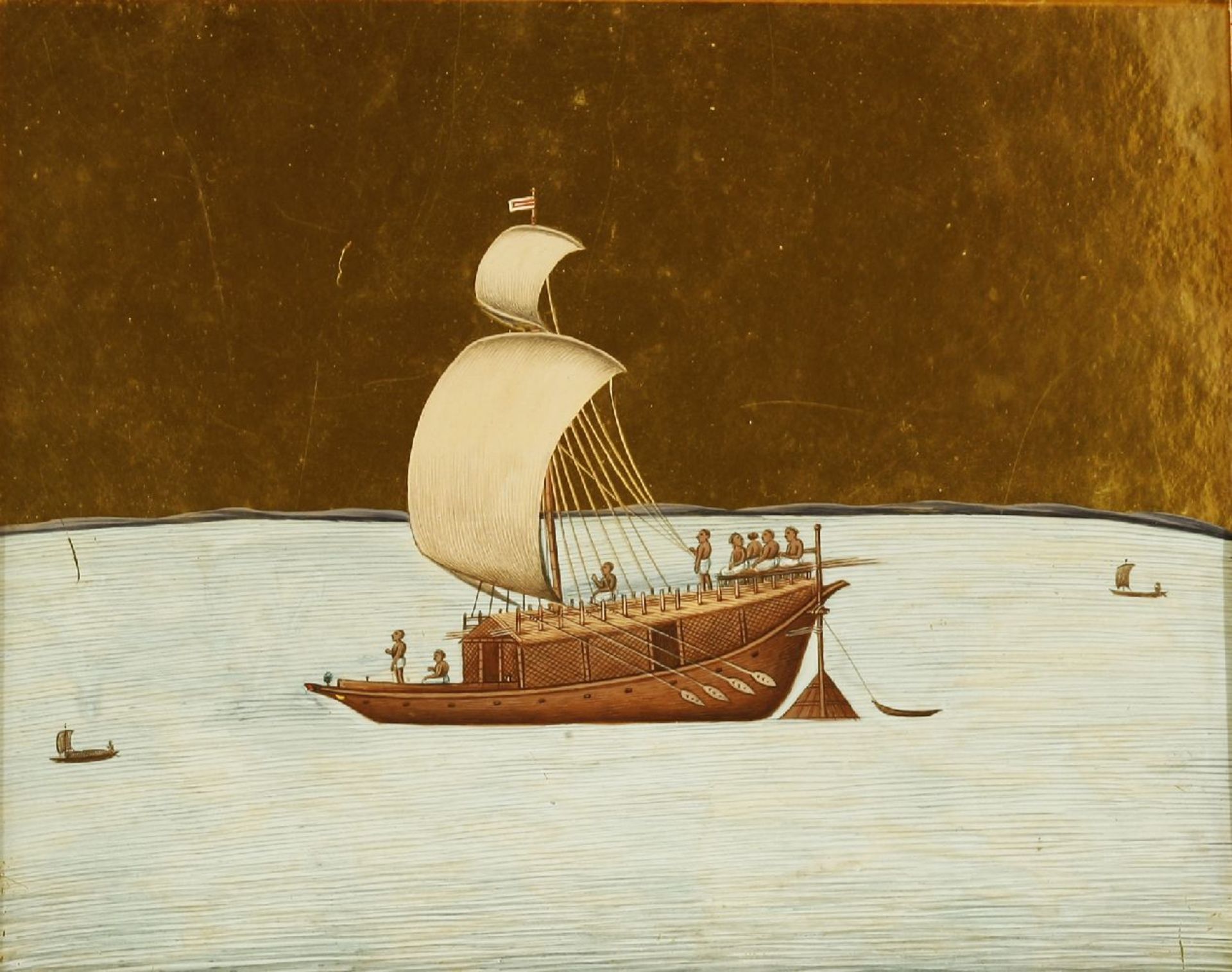 An Indian painting on mica,c.1815, Patna, of 'Budgerow', a sailing ship on a river,15 x 18.