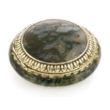 A French silver-mounted moss agate circular snuff box,19th century,7.5cm