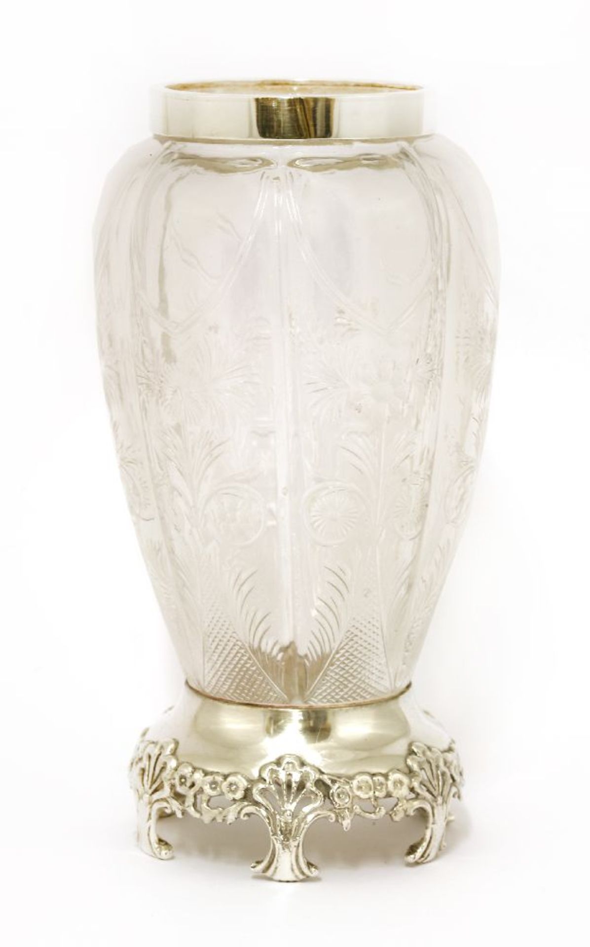 An Edwardian silver-mounted 'rock crystal' glass vase,by William Comyns, London, 1901,carved in
