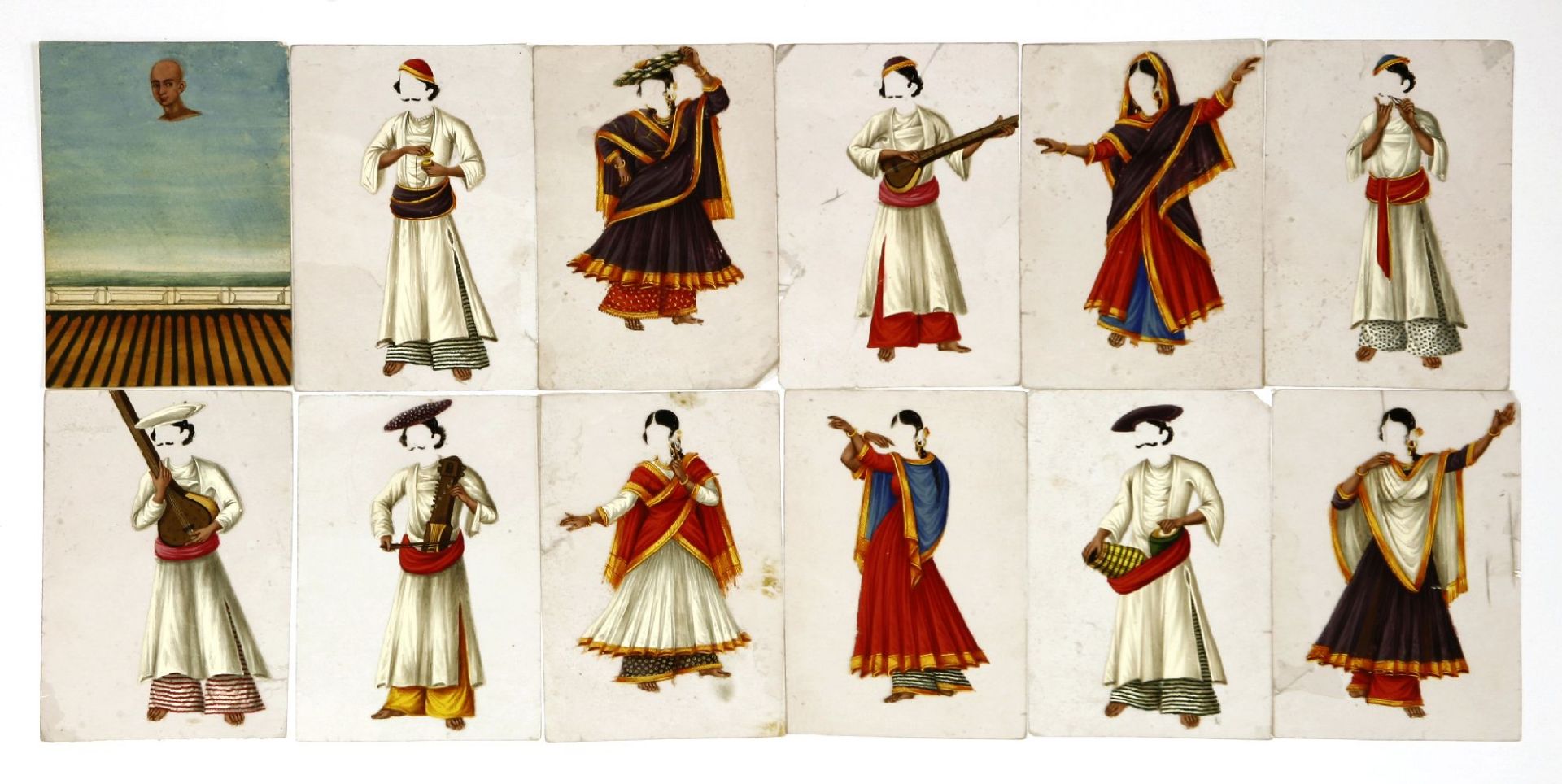 Eleven Indian paintings on mica,c.1800, Patna, five female dancers and six male musicians,together