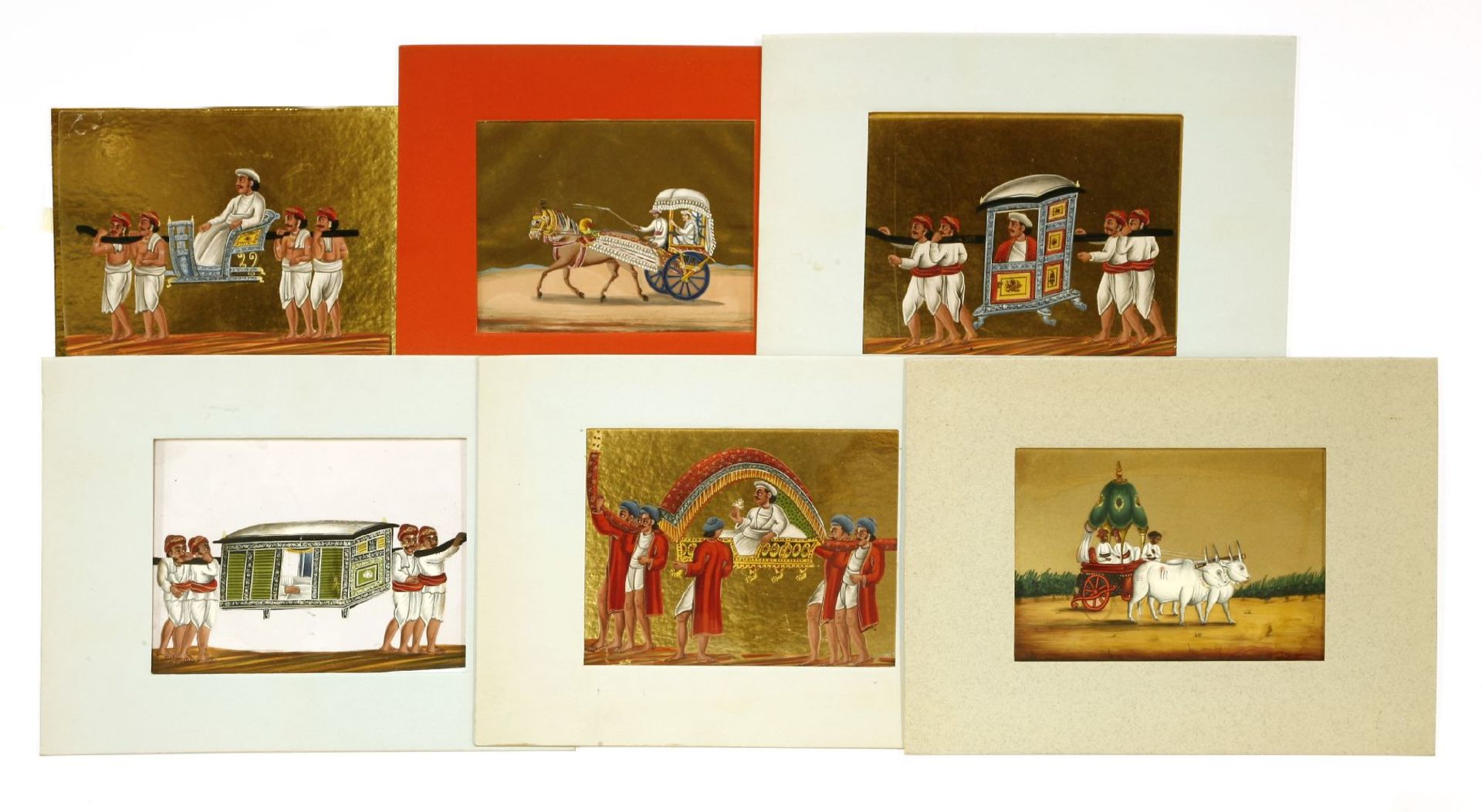 Six Indian paintings on mica,early 19th century, depicting a palanquin, a horse-drawn carriage and a