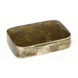 An unmarked snuff box,of rectangular form, the top set with a polished hardstone panel and the