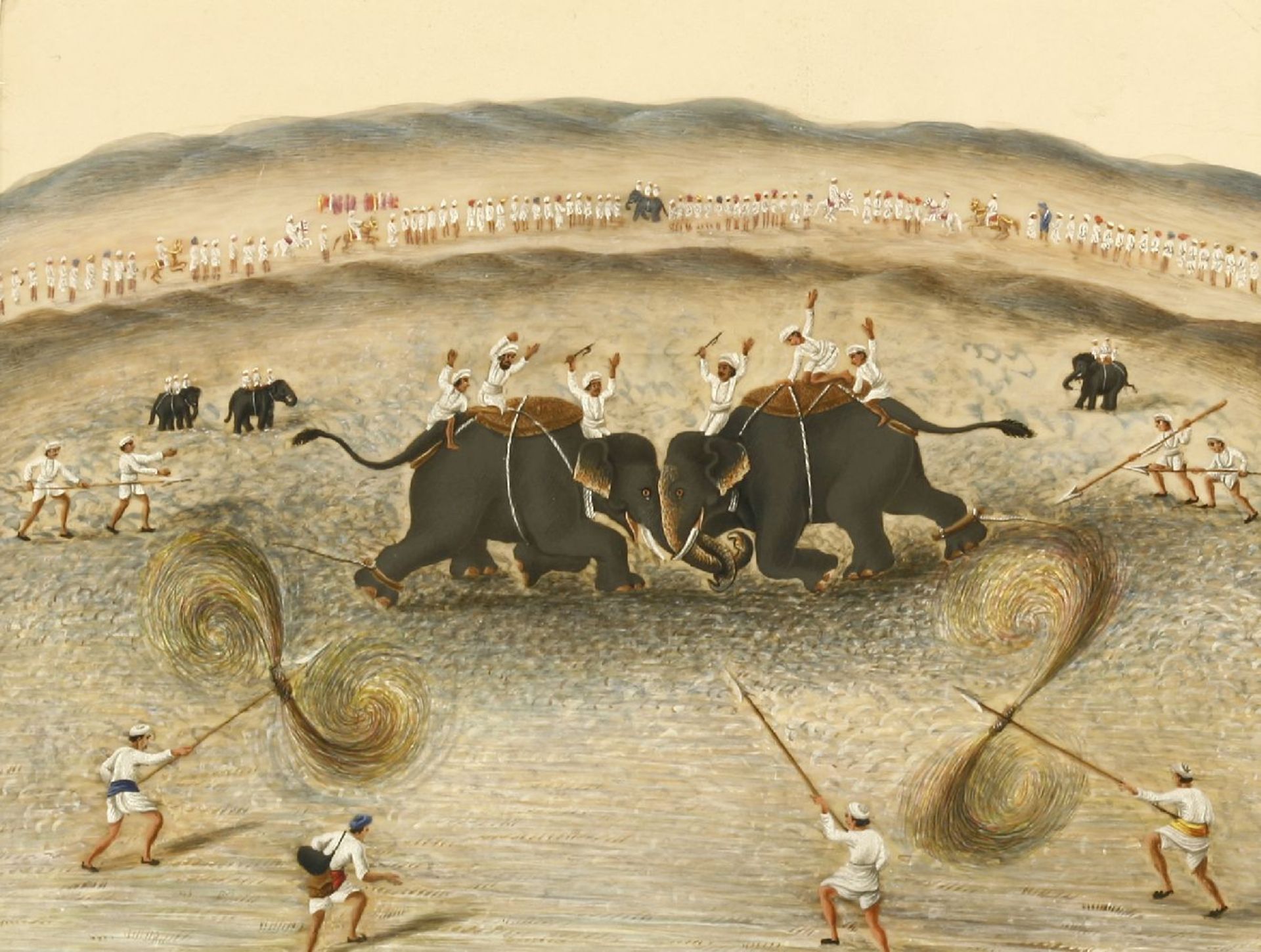 An Indian painting on mica,c.1800, probably Murshidabad, 'Fighting Elephants', two elephants