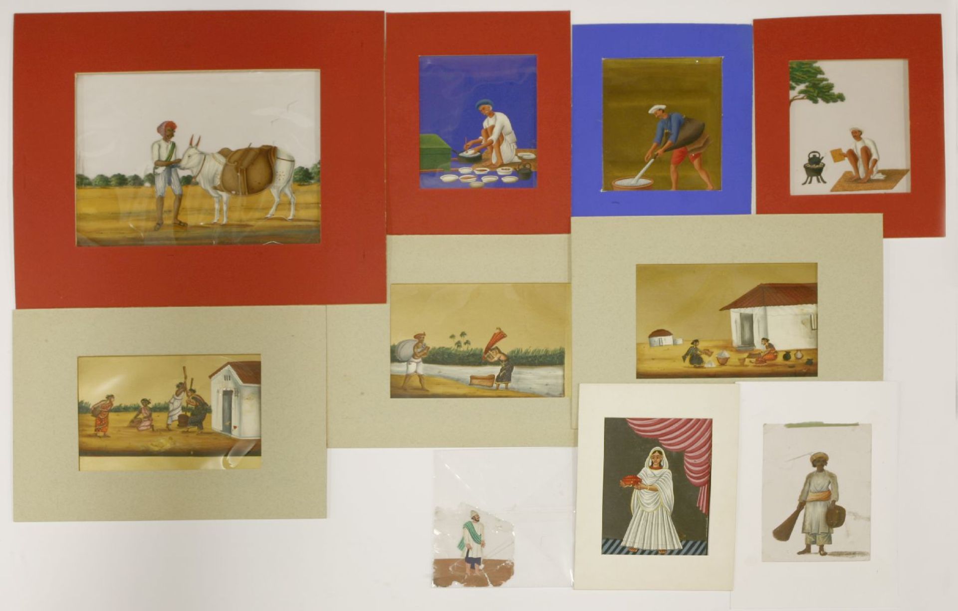Fourteen Indian paintings on mica,mid-19th century, representing various occupations,largest 16 x