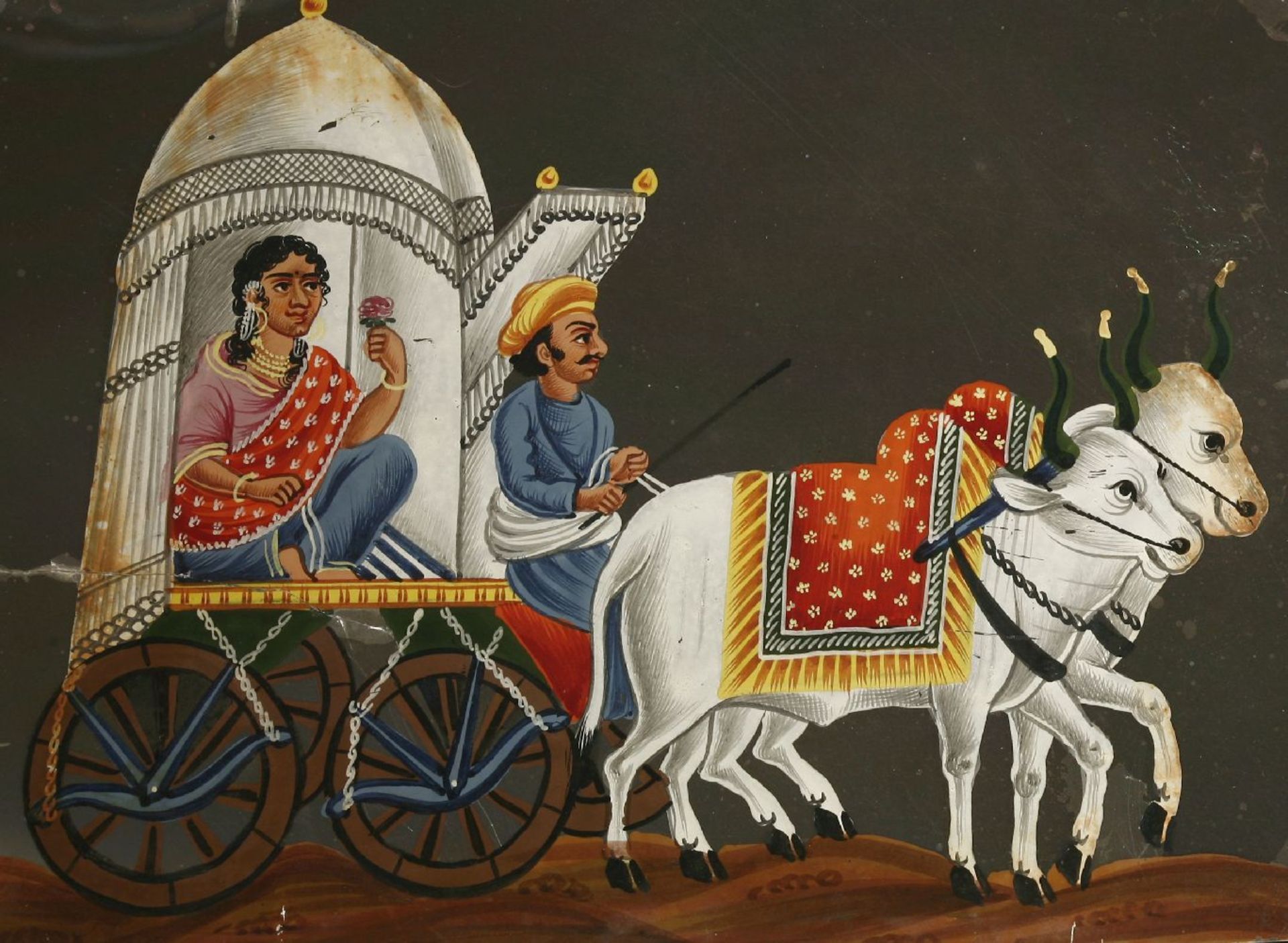 Ten Indian paintings on mica,various scenes to include a camel-driver, bullock cart and a - Image 11 of 20