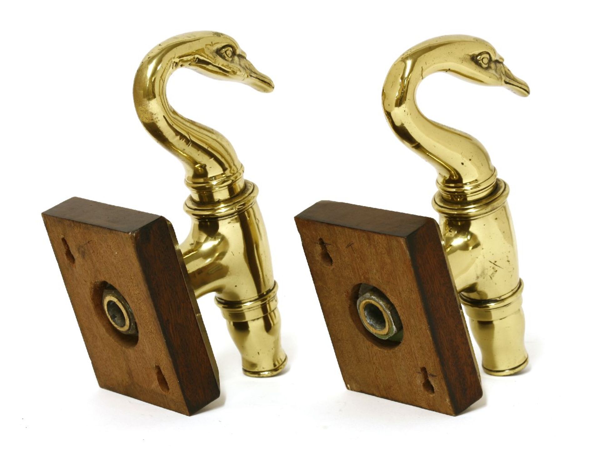 A pair of French polished brass taps,mid-19th century, each case in the form of a swan's head and - Image 2 of 2