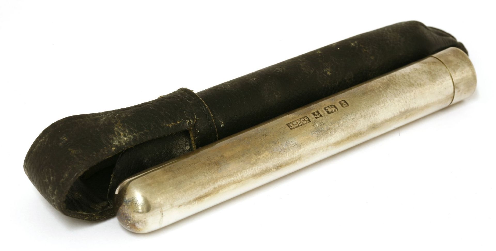 Shooting Interest: a modern silver cigar holder,16.5cm, in a leather carrying case,17cm long anda