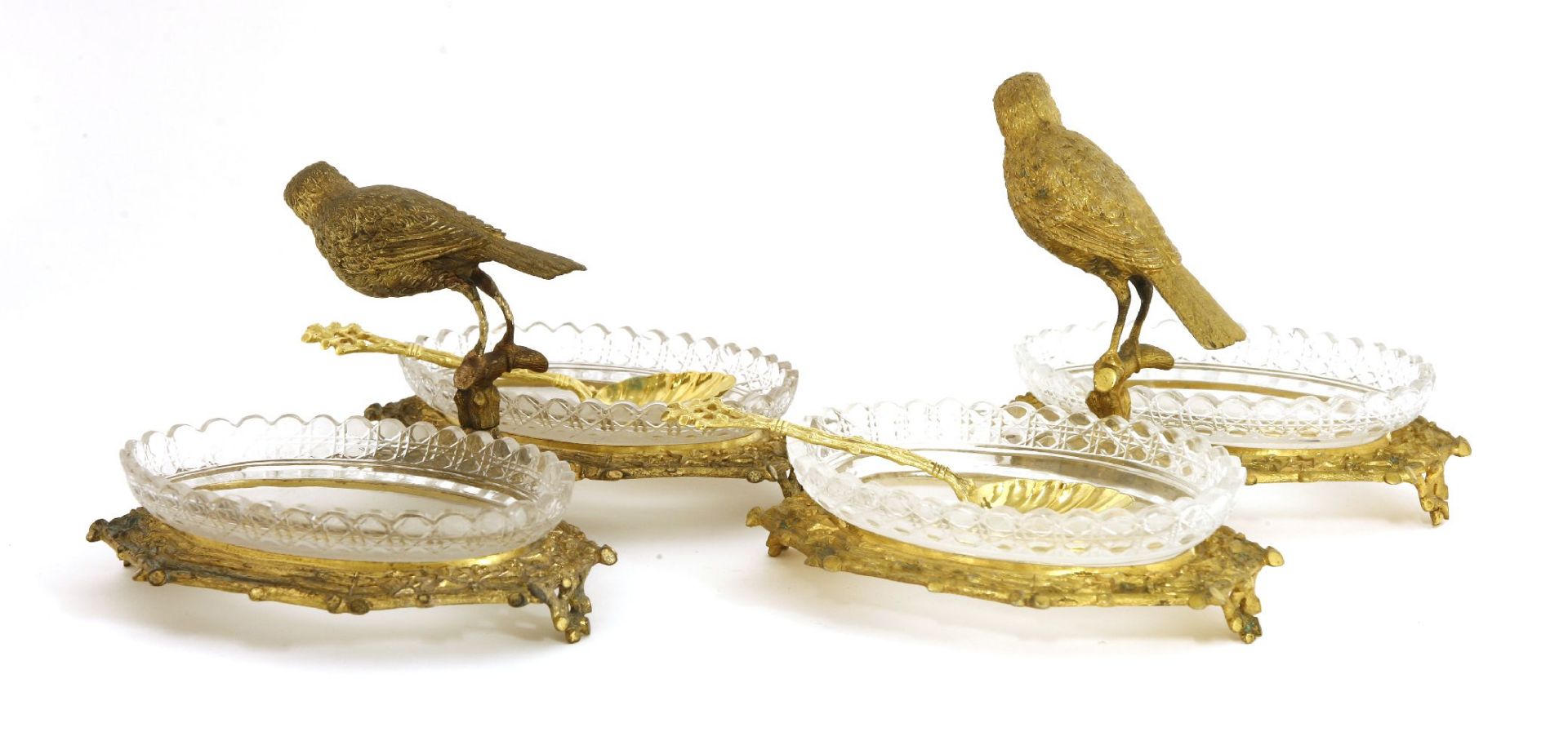 An unusual pair of gilt bronze and cut-glass two-division caviar dishes and spoons,c.1880, each - Image 2 of 2