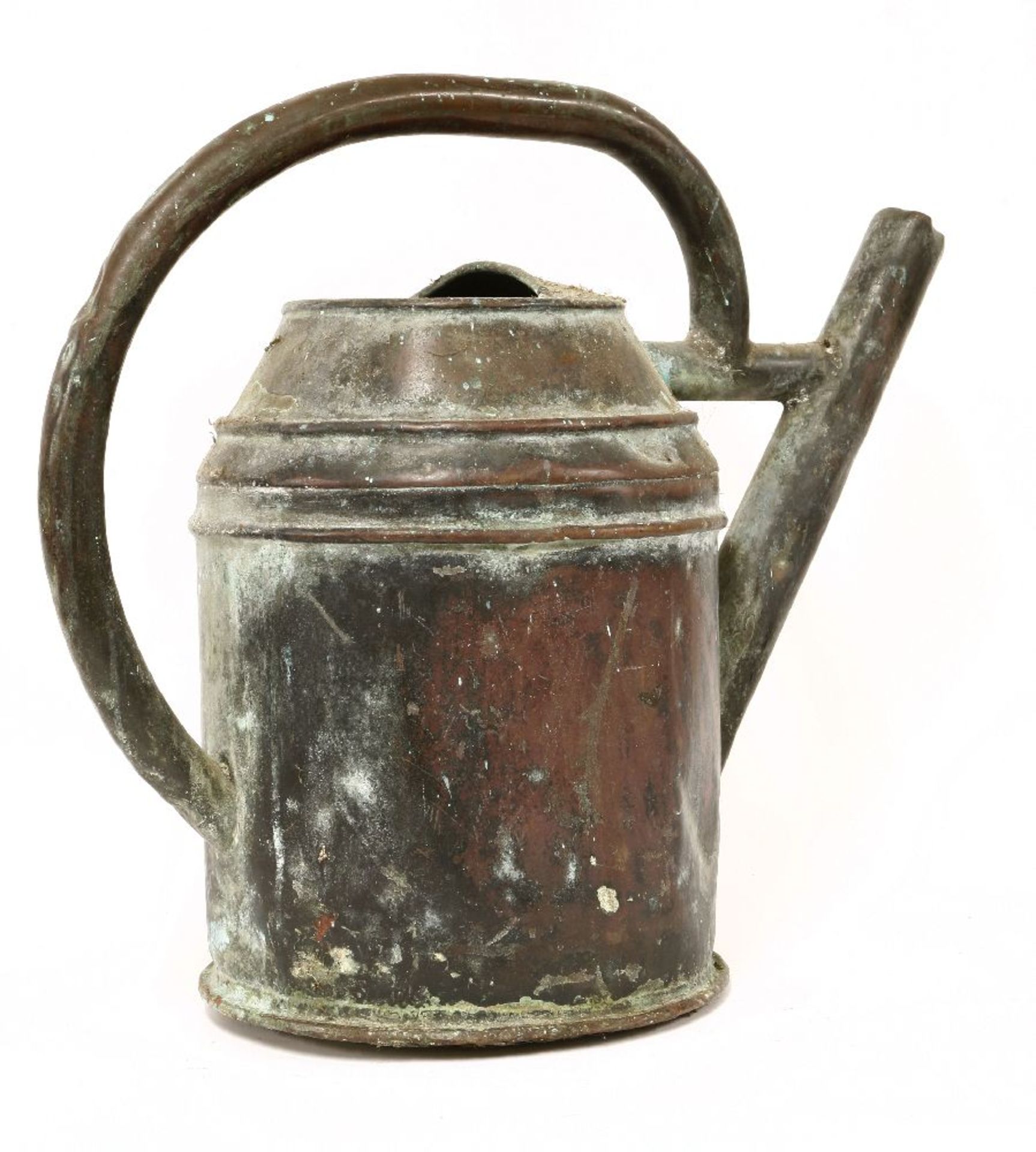 A French copper watering can,18th century, with a looping handle over a cylindrical body and wide - Image 2 of 2