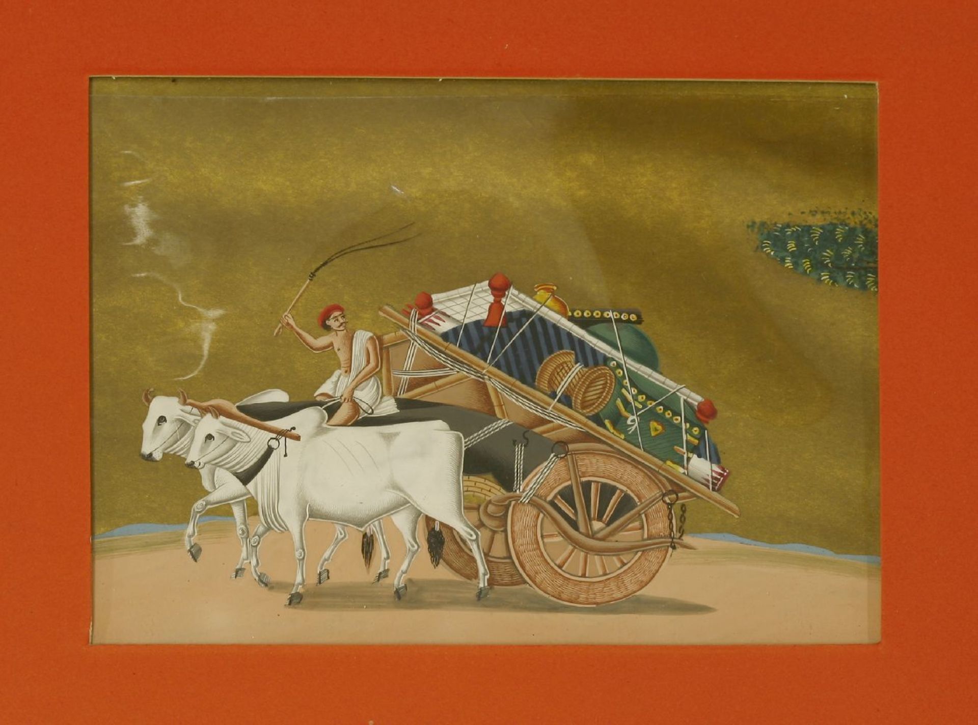 An Indian painting on mica,early 19th century, a bullock cart heavily laden with household