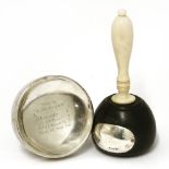 A lignum vitae, ivory and silver novelty mallet,by Walker & Hall, Sheffield 1911, 18cm high anda