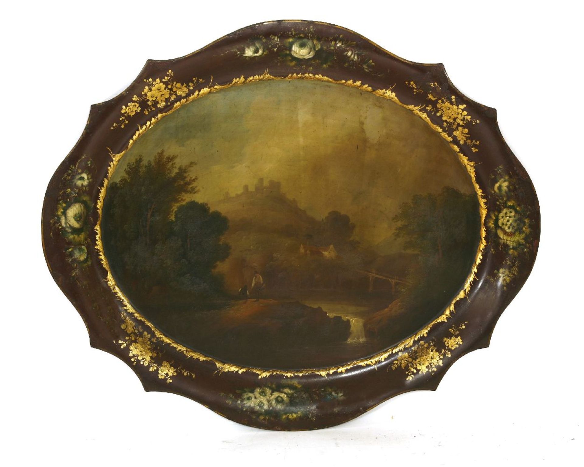 A Pontypool japanned tin tray,late 18th/early 19th century, the centre painted with a far-reaching