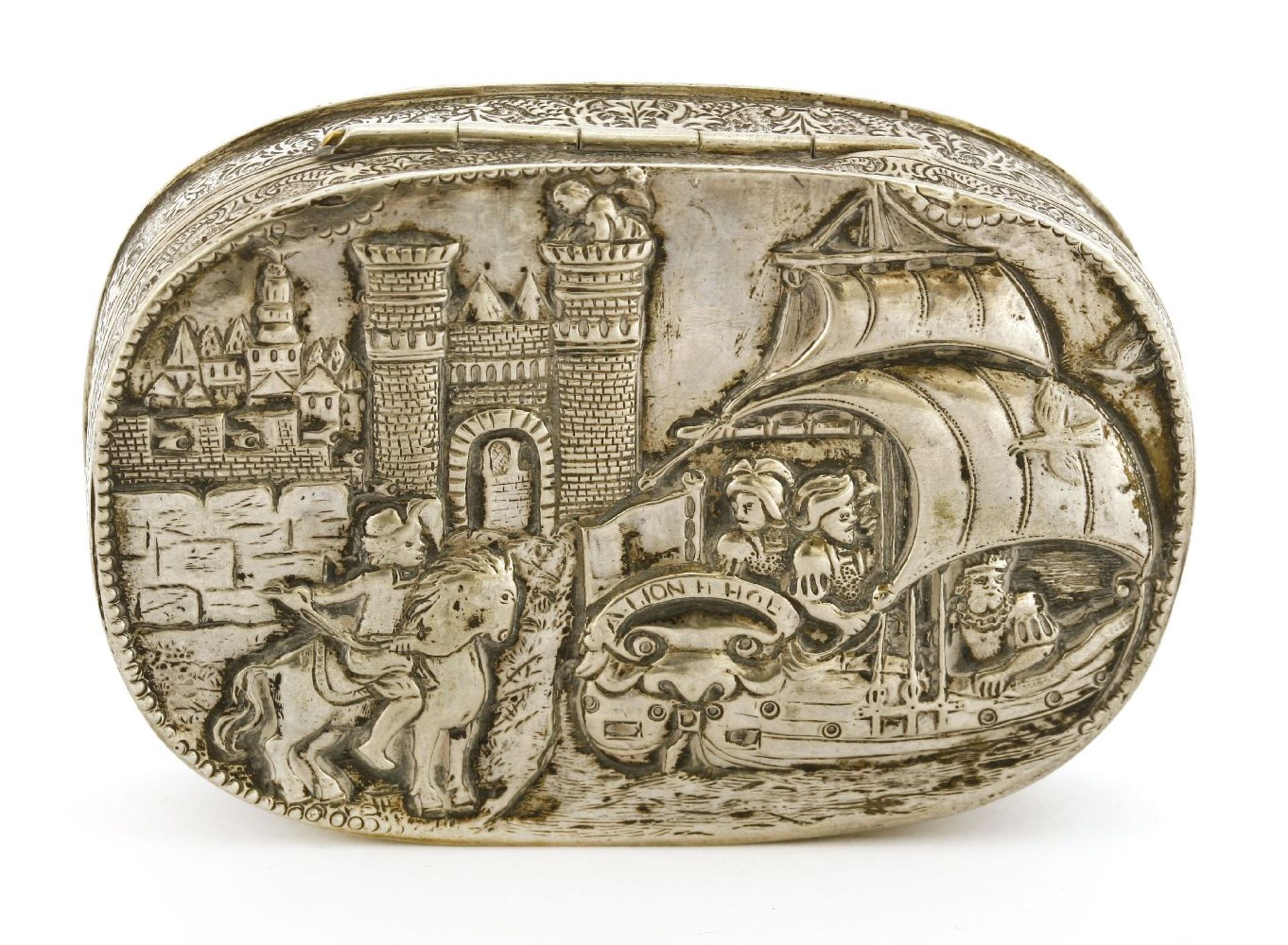 A silver box, of rounded rectangular form, the hinged lid embossed with a galleon named 'ALION H - Image 2 of 3