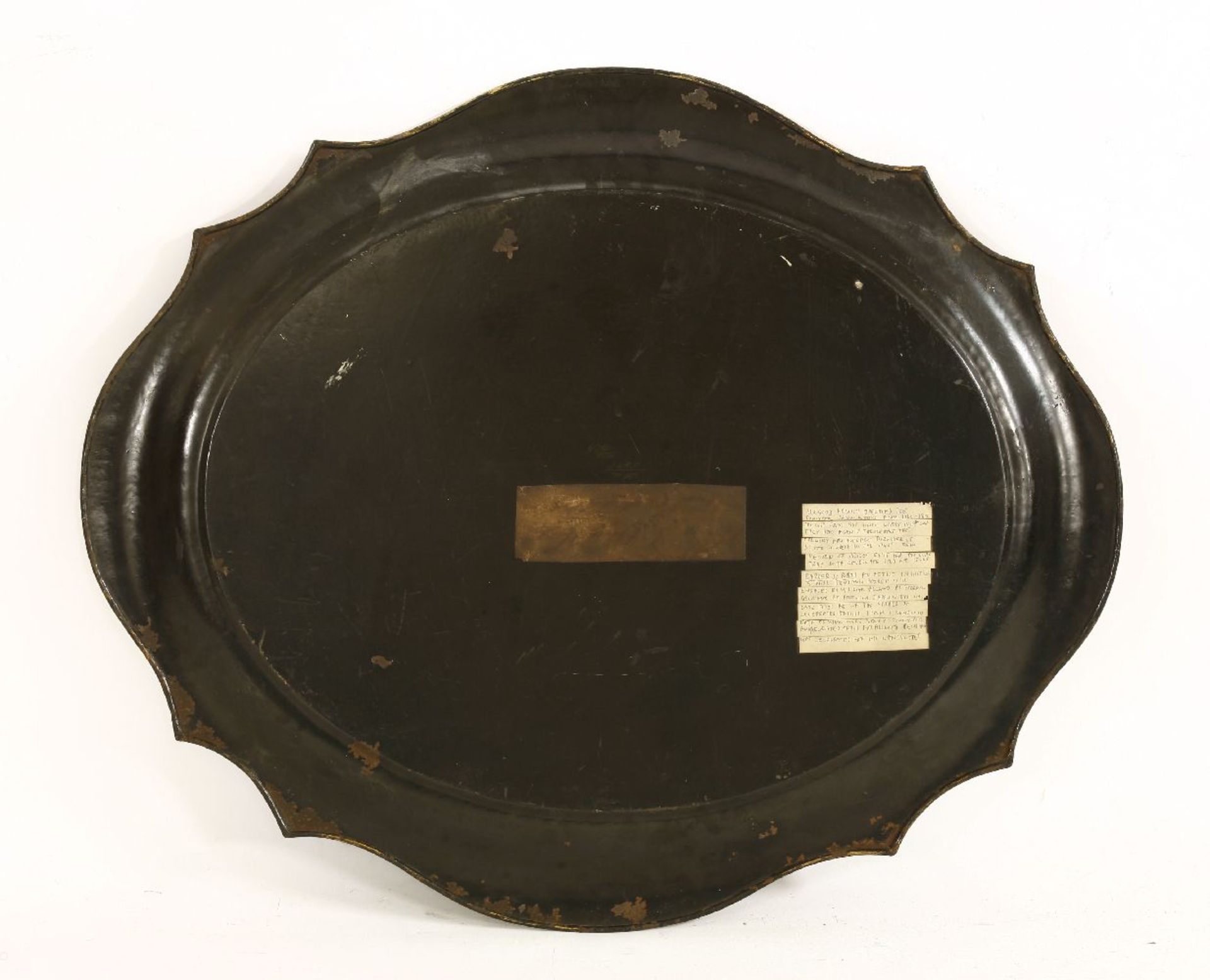 A Pontypool japanned tin tray,late 18th/early 19th century, the centre painted with a far-reaching - Image 2 of 5