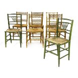 A matched set of seven single imitation bamboo single chairs,19th century, with all-over painted