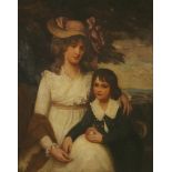 Manner of John HoppnerPORTRAIT OF A LADY AND HER SON, THREE-QUARTER LENGTH, SEATED ON A GARDEN BENCH