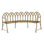 A Regency-style curved iron garden seat,with 'Gothic' arched back and slatted seat,200cm long100cm