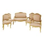 A Louis XVI-style giltwood salon suite, 20th century, comprising a two-seater settee, two open
