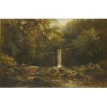 W...J...Boyes (?)A WOODED LANDSCAPE WITH A WATERFALLIndistinctly signed and dated '85 l.l., oil on