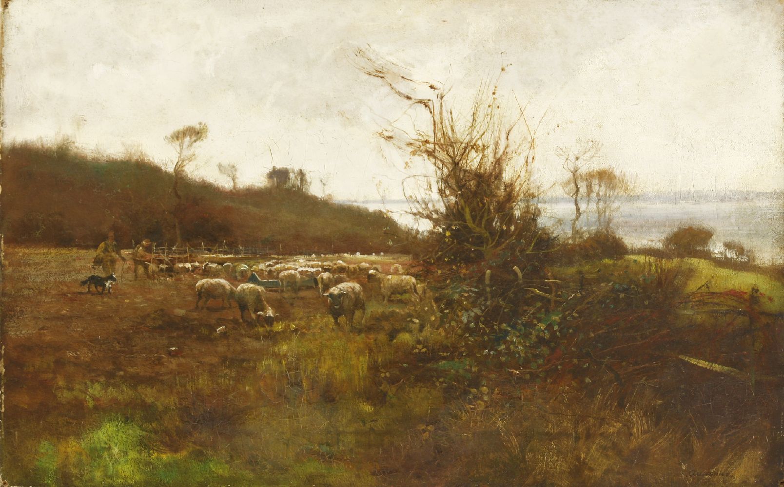 James Aumonier (1832-1911)SHEPHERDS WITH THEIR FLOCKSigned l.r., oil on canvas36 x 54cm, unframed