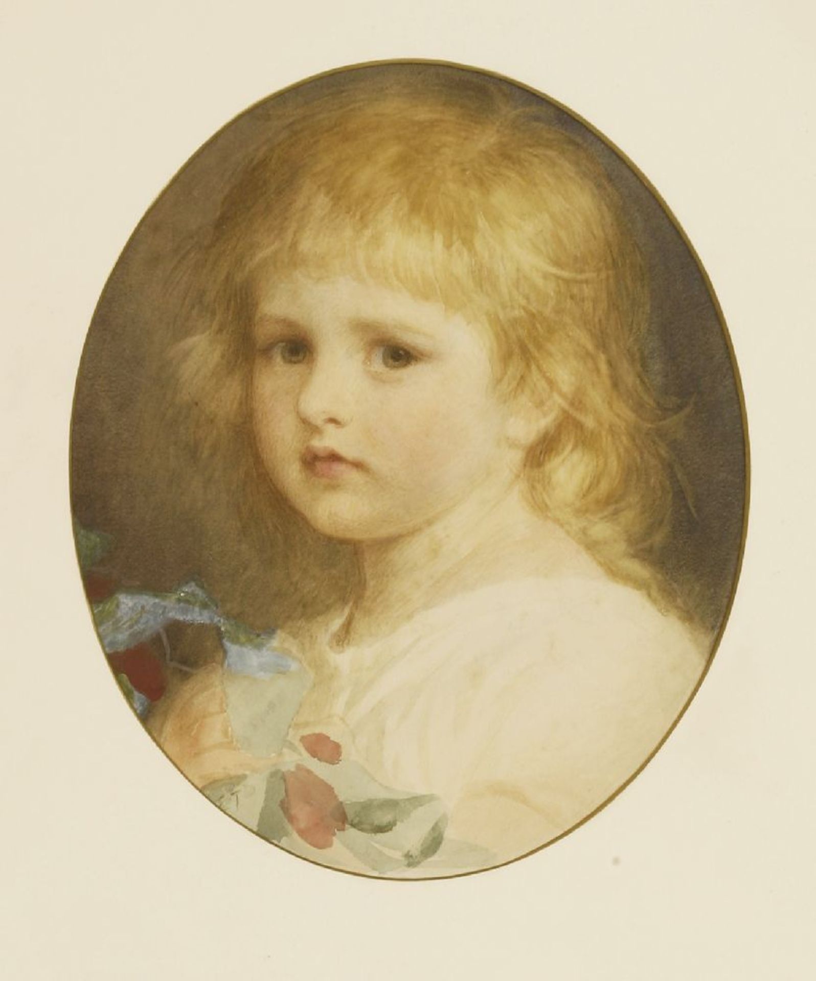 English School, late 19th centuryPORTRAIT OF A YOUNG GIRL, BUST LENGTH, IN A WHITE DRESSSigned