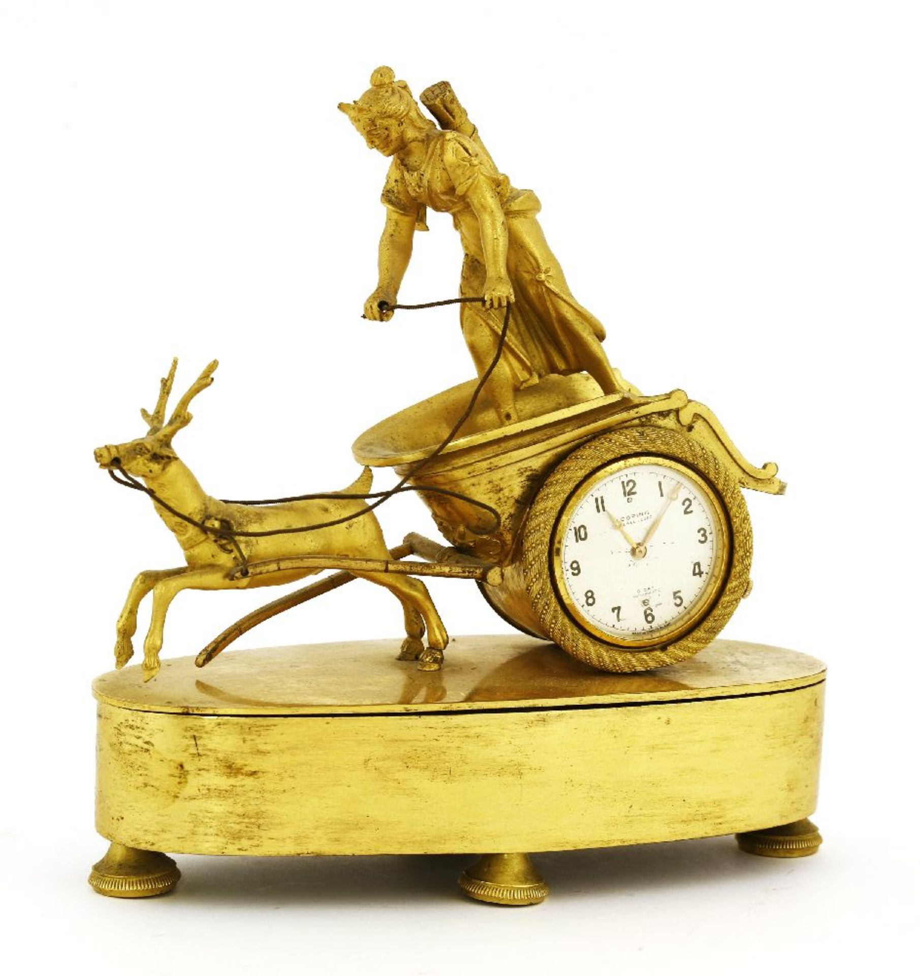 A Continental ormolu mantel clock,in the form of a huntress with a chariot pulled by a stag,19cm