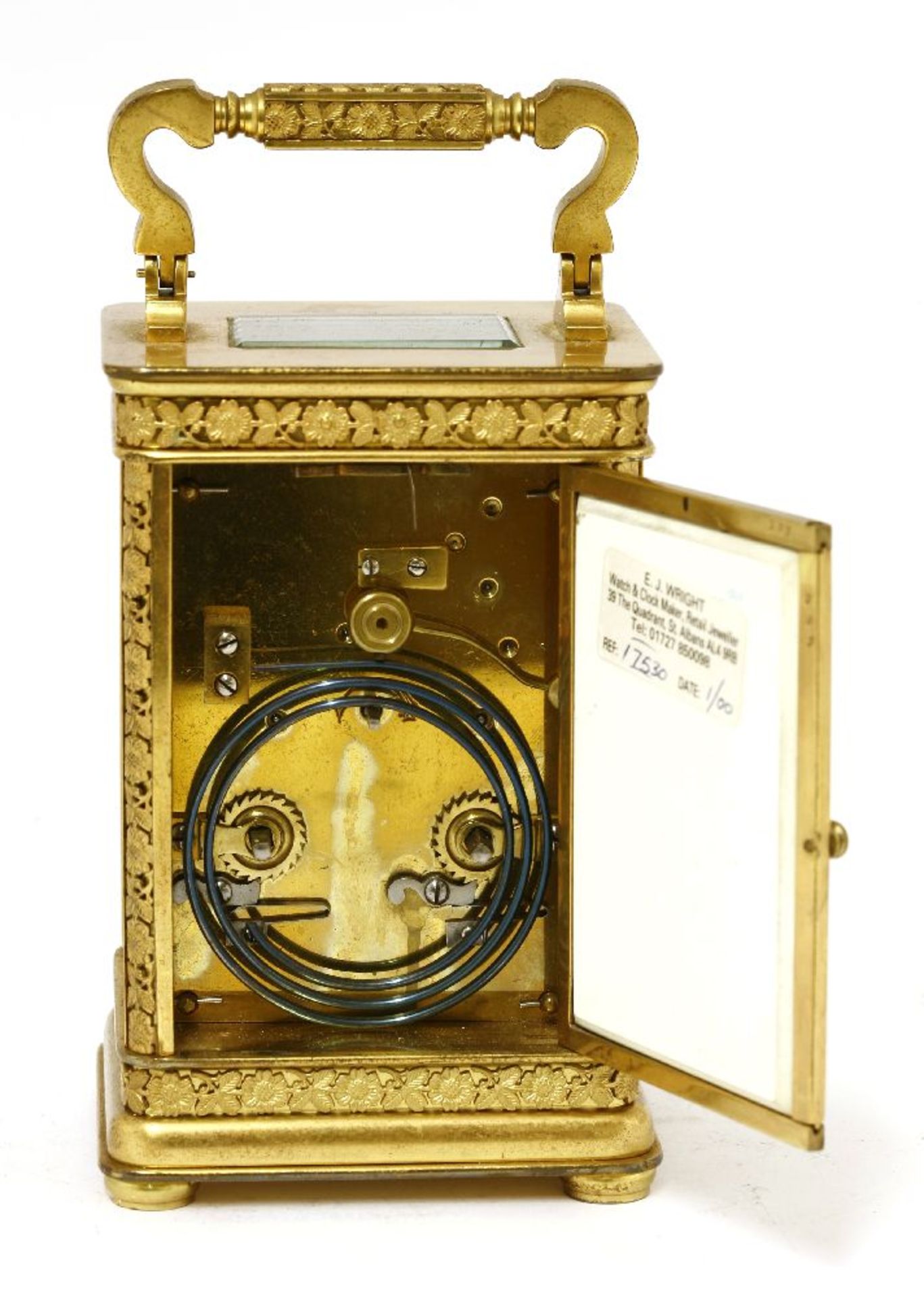 A French gilt brass and porcelain-mounted carriage clock,late 19th/early 20th century, the shaped - Image 3 of 3