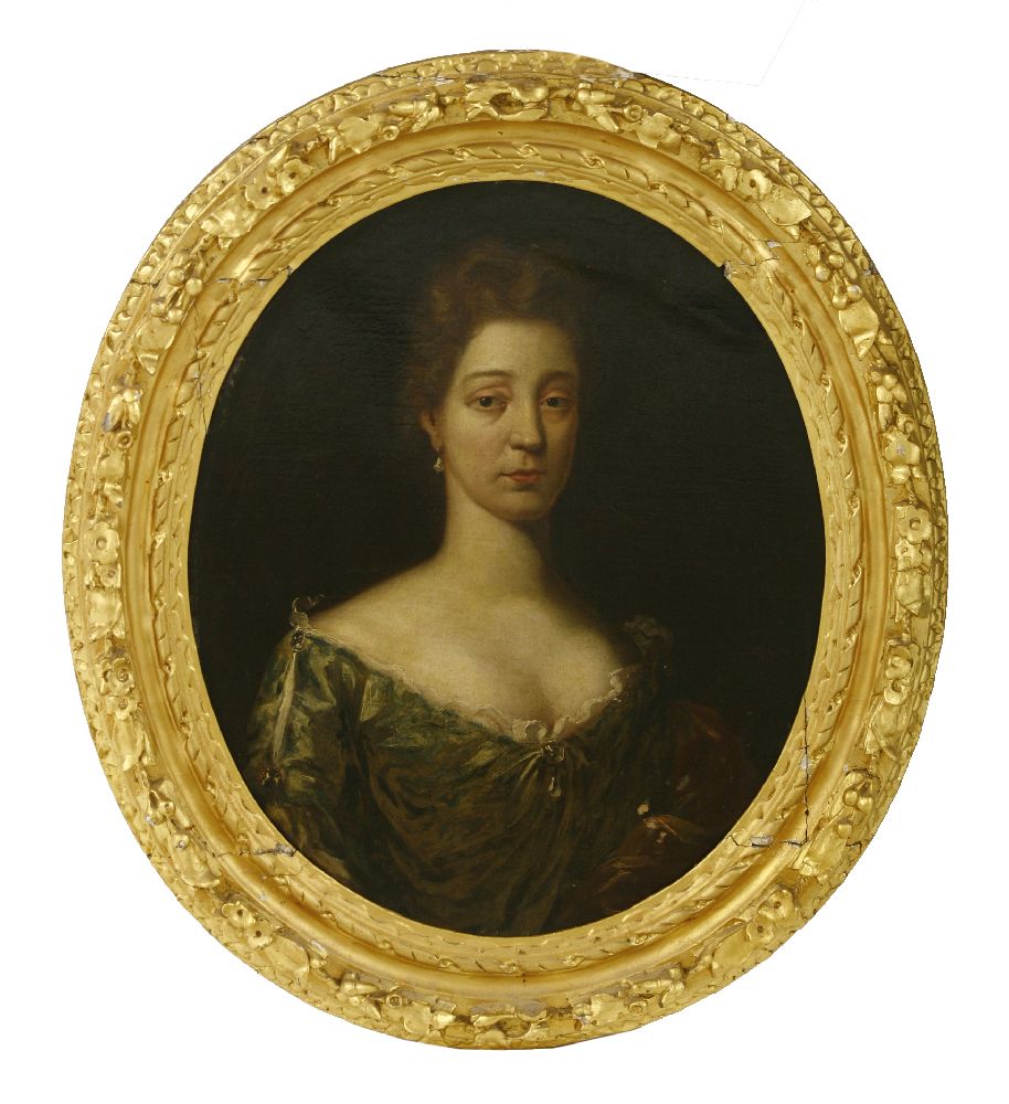 Circle of John Closterman (1660-1711)PORTRAIT OF A LADY, HALF LENGTH, IN A GREEN DRESS AND GOLD