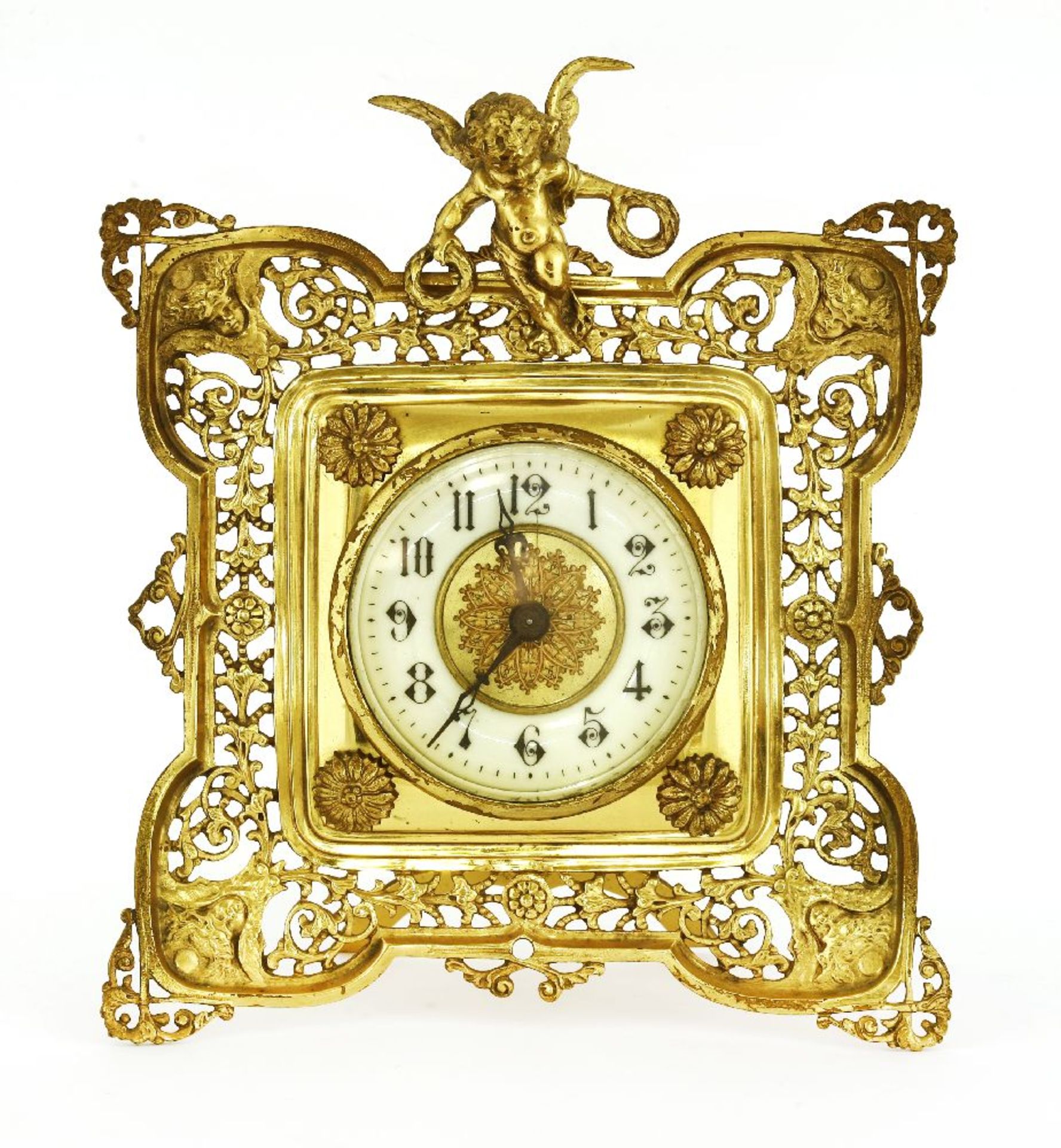 A Continental gilt metal strut-form clock,with a cherub surmount,27cm high