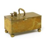 A brass tavern honesty boxwith a central handle flanked by a coin slot, stamped 'Rich's Patent',24cm