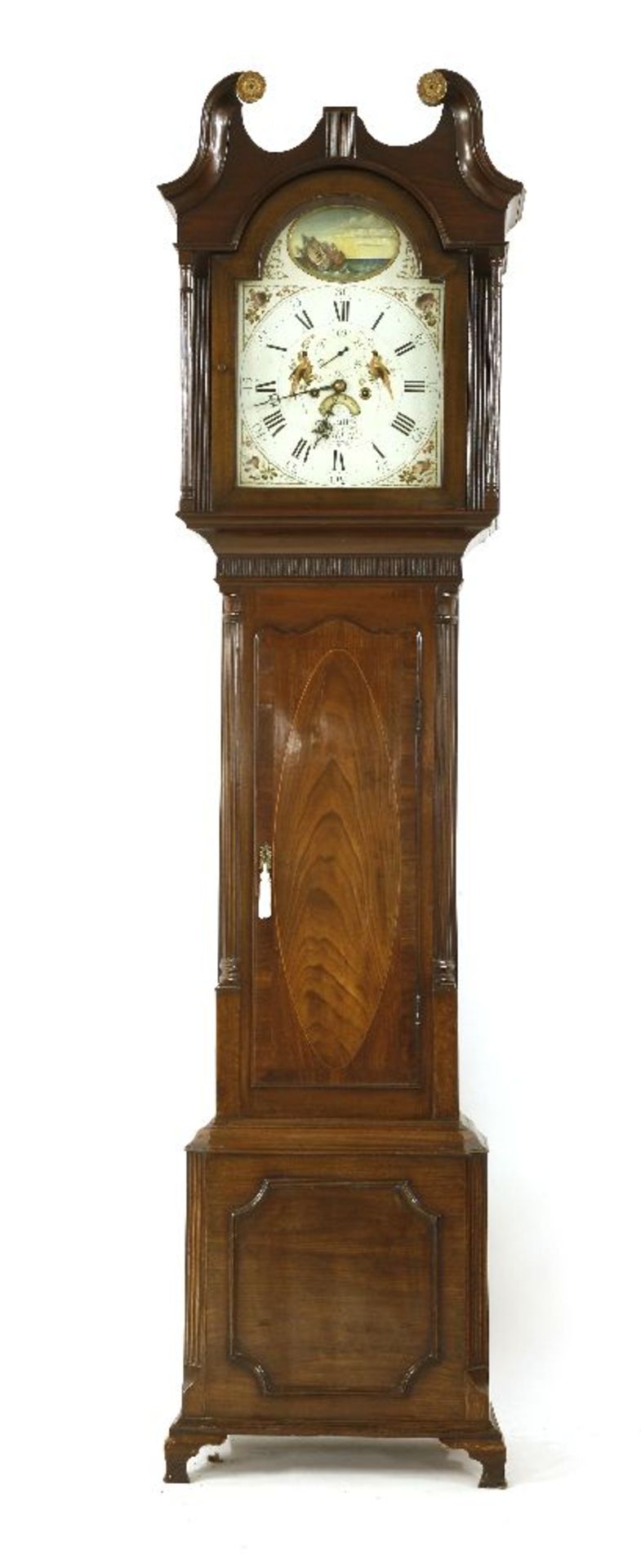 A George III inlaid mahogany eight-day longcase clock,the painted arch dial having ship and exotic