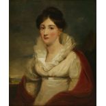 John Hoppner RA (1758-1810)PORTRAIT OF A LADY, HALF LENGTH IN A WHITE DRESS AND RED WRAPOil on