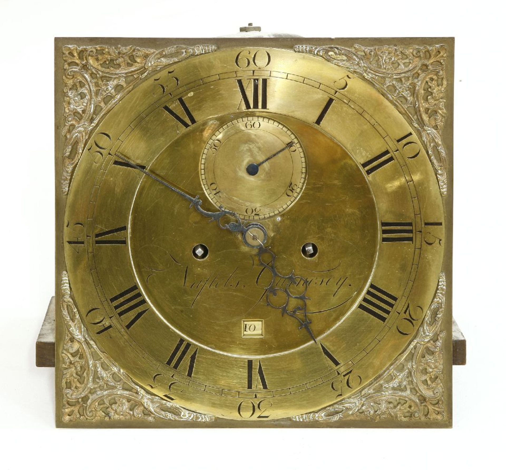 A oak and mahogany crossbanded longcase clock,19th century, the 12 inch square brass dial with