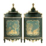 A pair of Maltese green painted corner cupboards,early 19th century, with shaped crests over