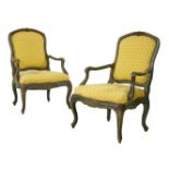 A pair of French fauteuil,19th century, with blue and cream painted carved frames, padded backs