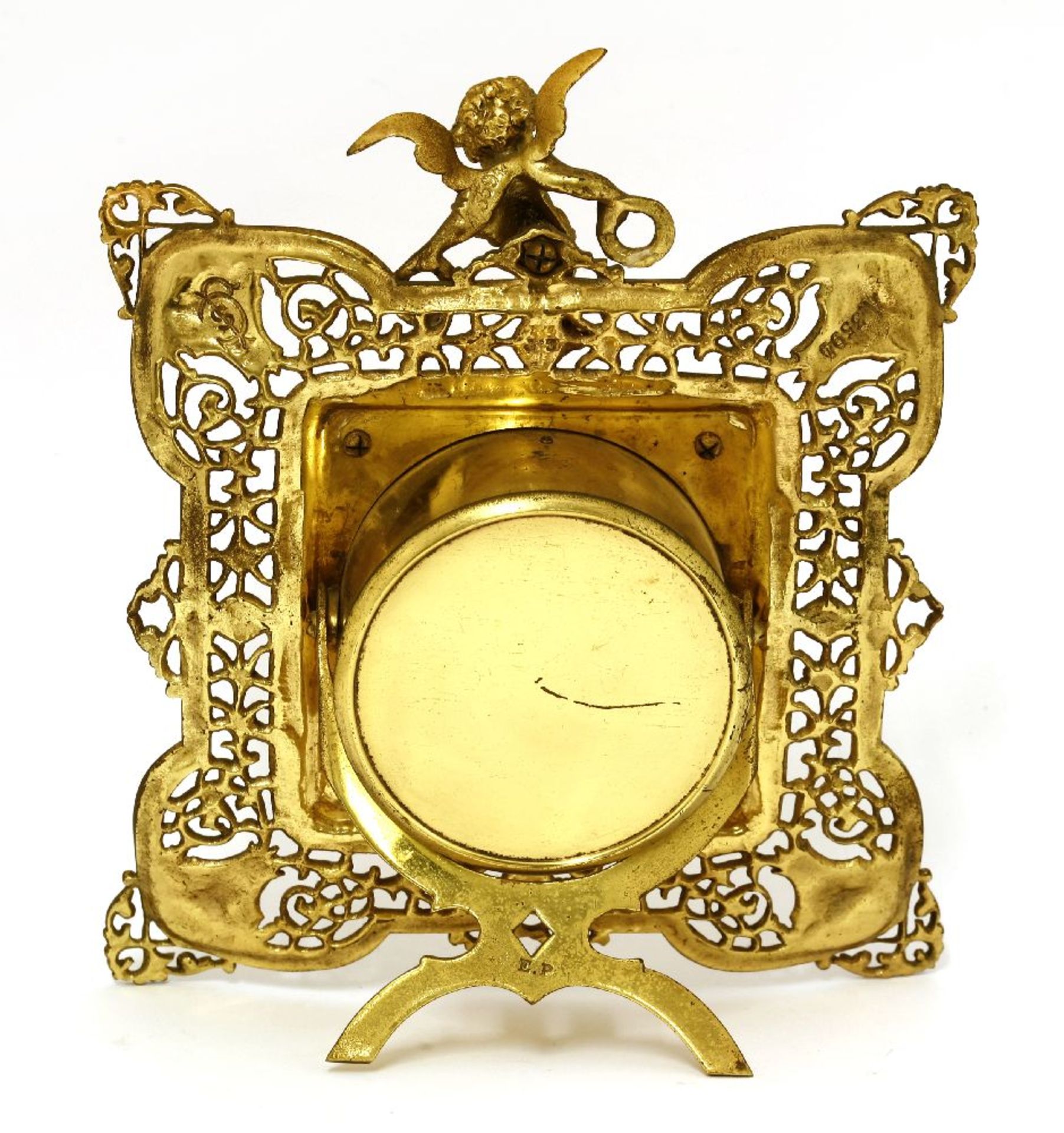 A Continental gilt metal strut-form clock,with a cherub surmount,27cm high - Image 2 of 2