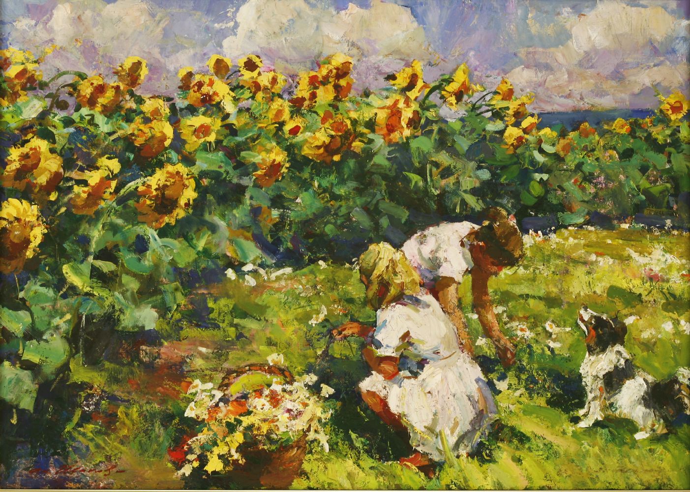 Anatoly Shapovalov (Ukrainian, b.1949)'PICKING THE FLOWERS'Signed l.l., oil on canvas70 x 97cm