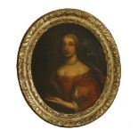 Follower of Sir Peter LelyPORTRAIT OF A LADY, HALF LENGTH, IN A RED DRESS AND HOLDING A POCKET