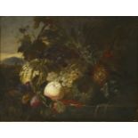 James Charles Ward (fl.1830-1859)STILL LIFE OF FRUIT ON A LEDGE, A LANDSCAPE BEYONDSigned and