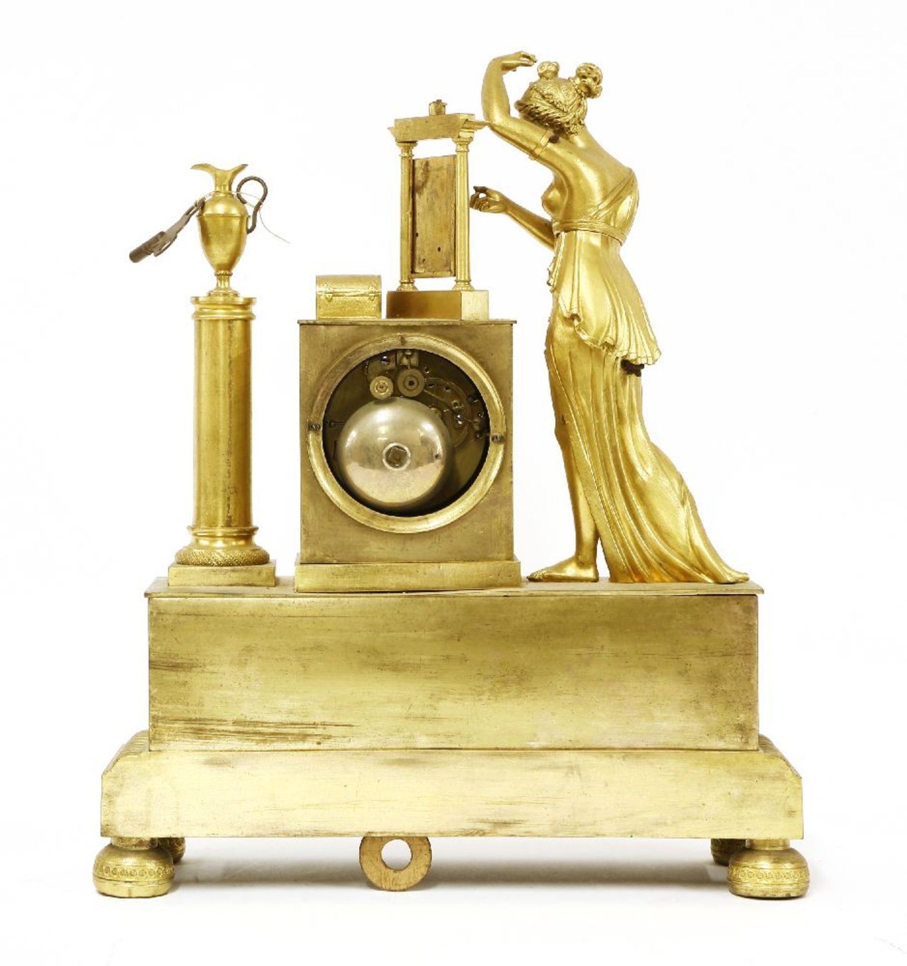 A large gilt metal mantel clock,late 19th century, with a white enamel dial flanked by a figural - Image 2 of 2