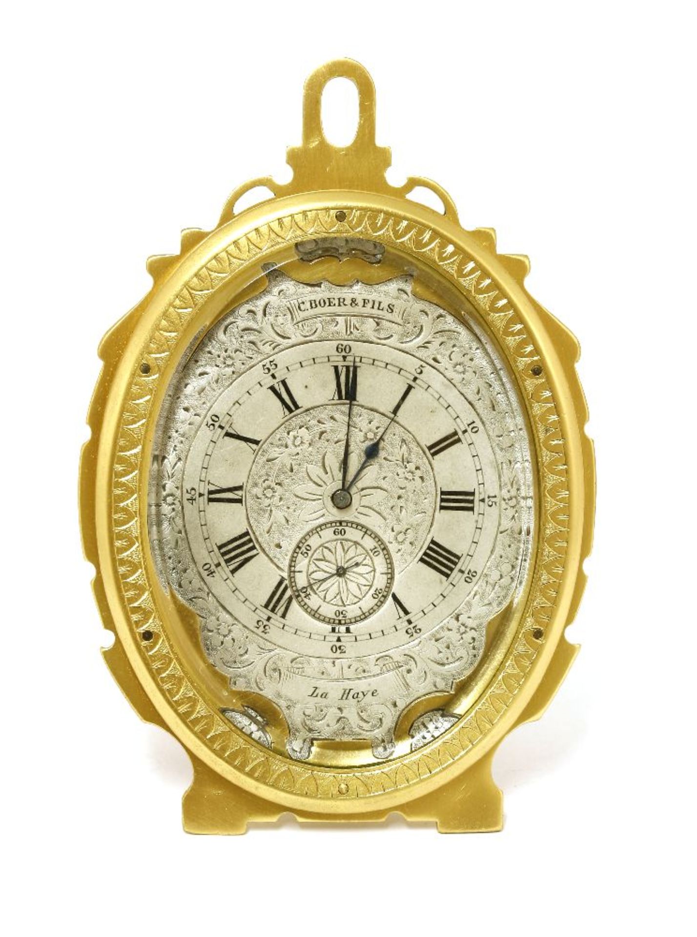 A gilt bronze strut clock,19th century, in the manner of Thomas Cole, the oval dial with a seconds