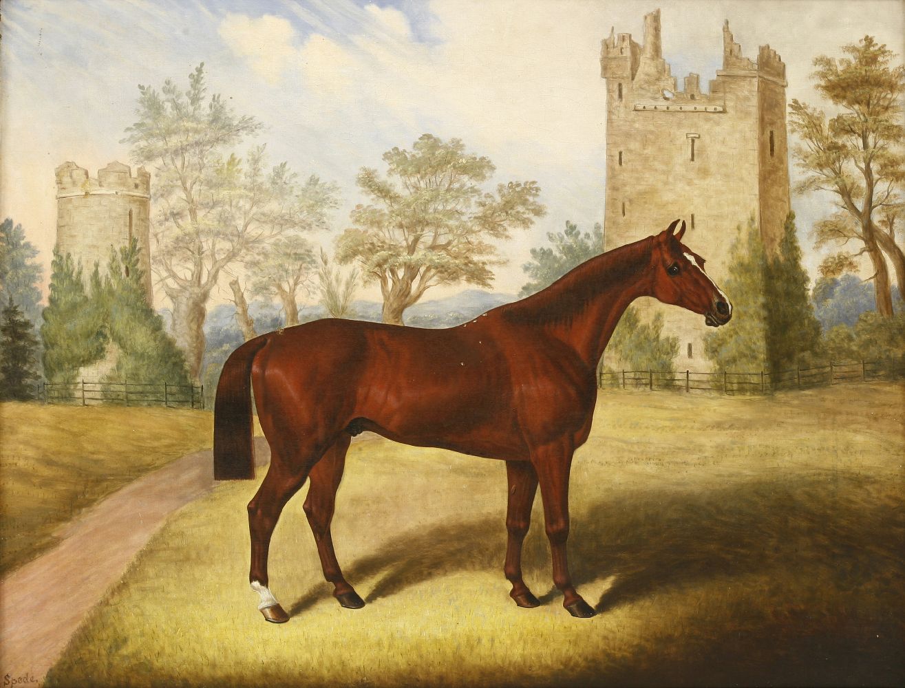 Samuel Spode (1798-1872)A BAY MARE IN FRONT OF BURNCHURCH CASTLE AND TOWER, COUNTY KILKENNYSigned