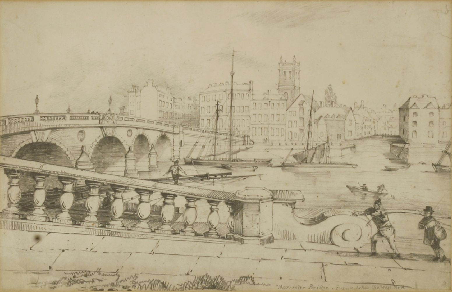 English School, mid-19th centuryWORCESTER BRIDGE FROM THE WEST STAIRInscribed l.r., pencil 21 x - Image 4 of 5