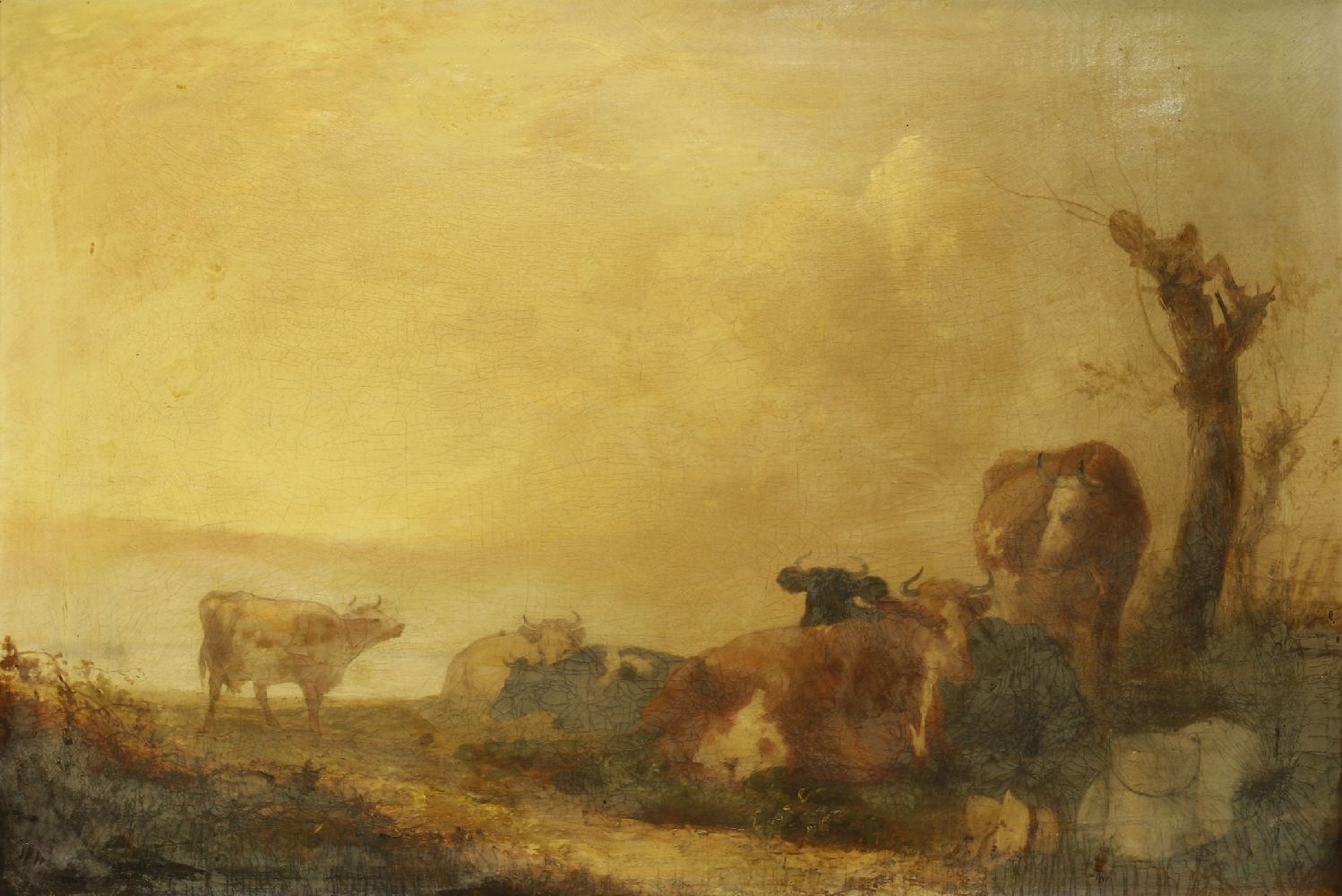 Attributed to Henry Brittan Willis (1810-1884)CATTLE RESTING IN A RIVER LANDSCAPEOil on canvas52 x