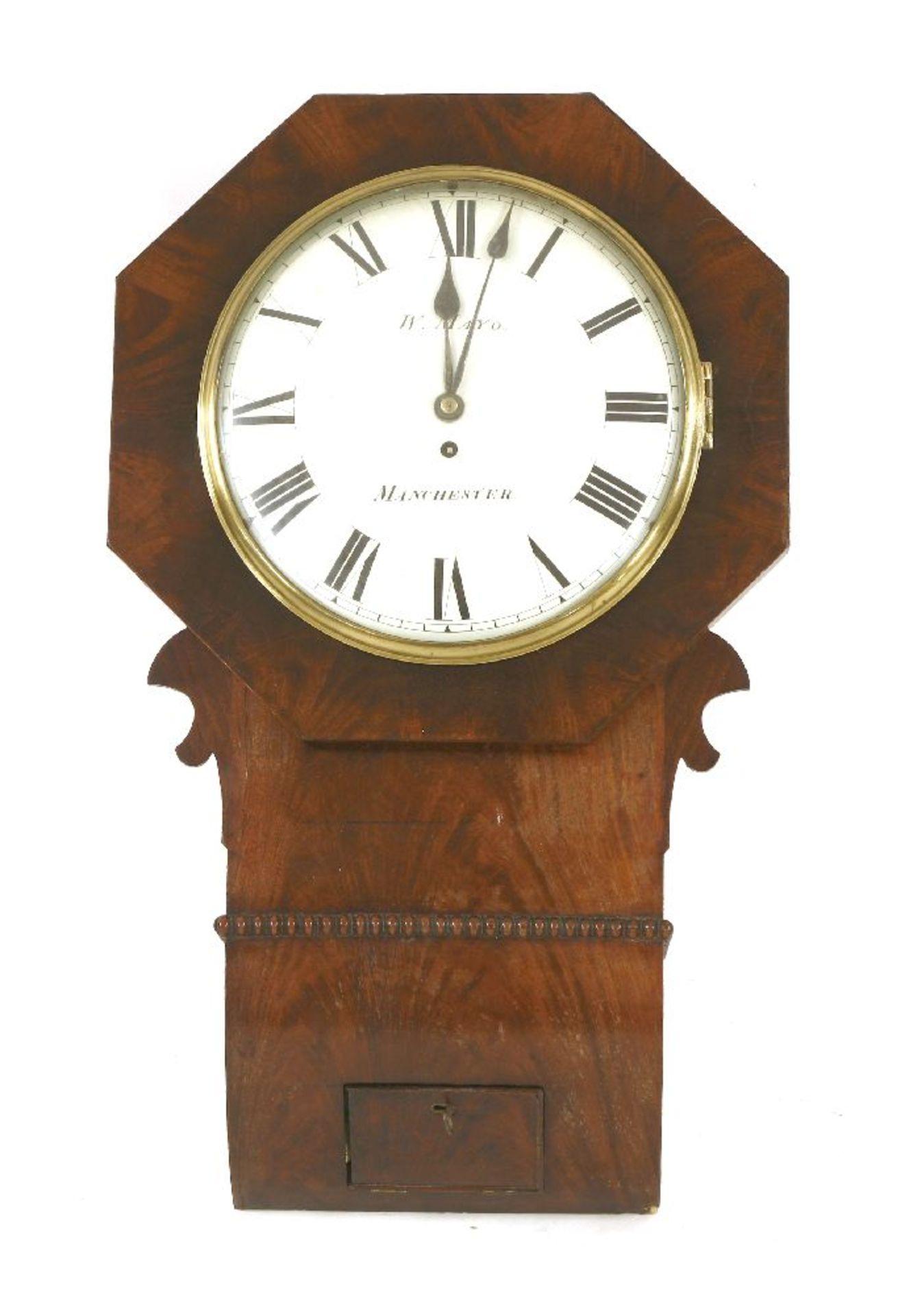 A mahogany drop-dial wall clock,c.1850, by Mayo, Manchester, the white painted dial within an