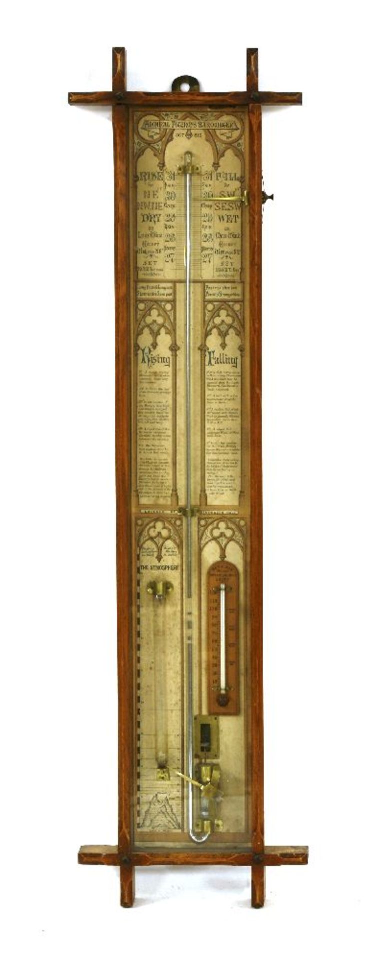 An Admiral Fitzroy barometer,in a pitch pine case with a printed card inset back and Mathieson Leith