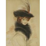 Paul-Cesar Helleu (French, 1859-1927)PORTRAIT OF A LADY, HALF LENGTH IN A FUR STOLE AND FEATHERED